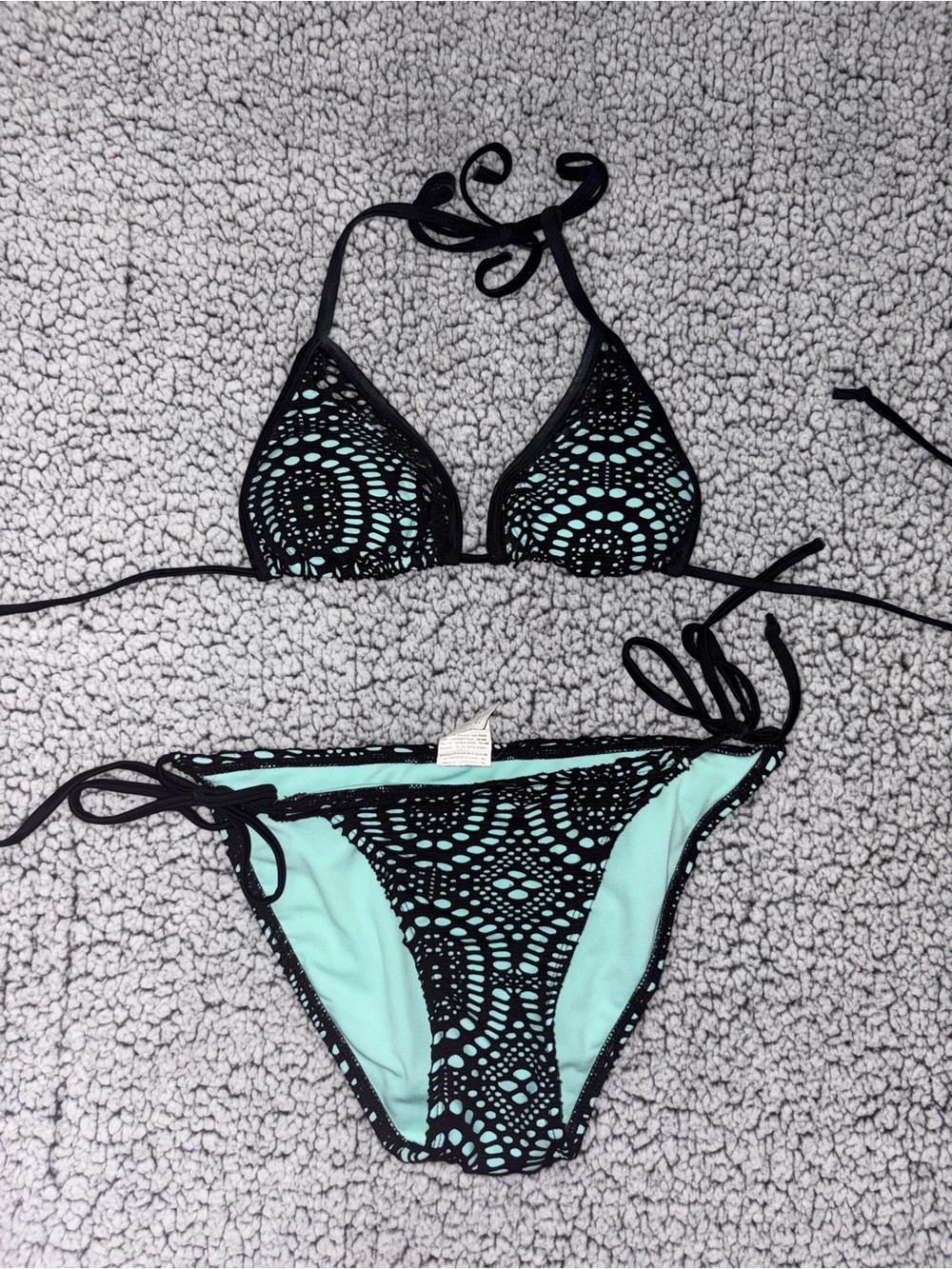 Black Crochet-Style Bikini with Mint Lining — Women’s Tie Triangle Set